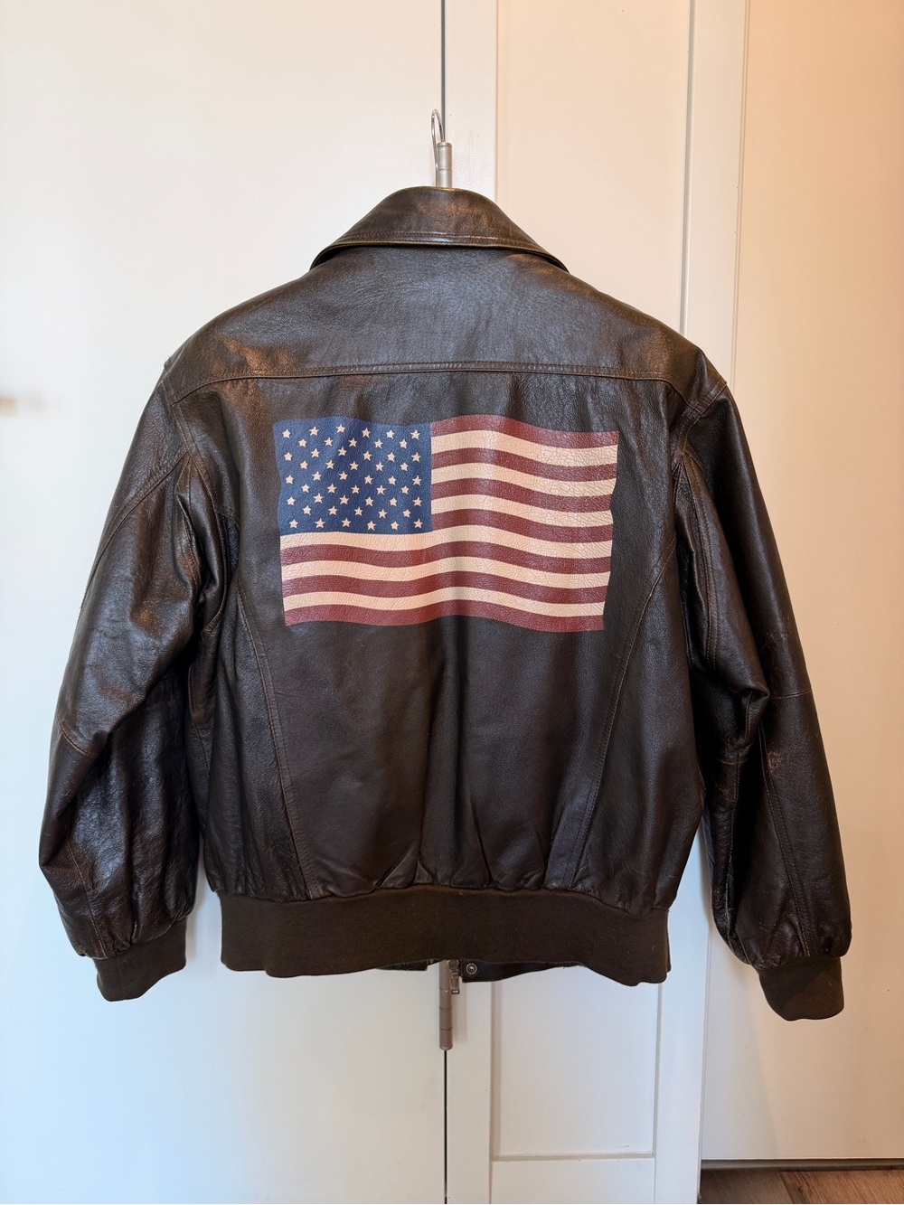 Vintage Men's Dark Brown Real Leather Bomber Jacket with American Flag. Large